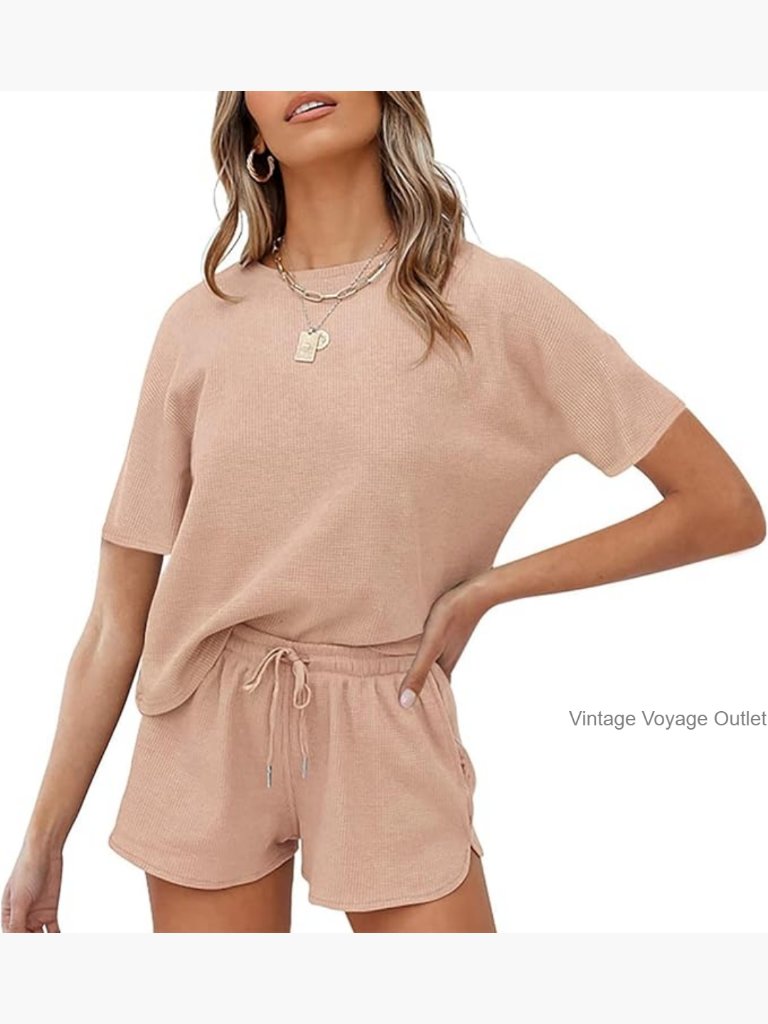 Women's Short Sleeve Waffle Pajama Set Lounge Top And Shorts 2 Piece